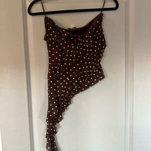 Brown Polka Dot Asymmetrical Strapless Top